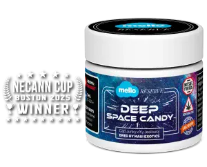 Mello Reserve Deep Space Candy cannabis jar alongside a NECANN Cup Boston 2025 Winner badge.