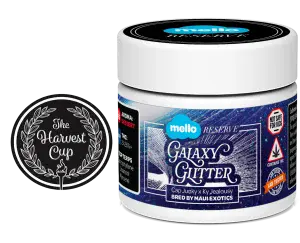 Mello Reserve Galaxy Glitter cannabis jar displayed next to The Harvest Cup award badge.