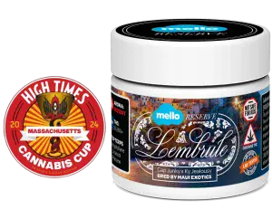 Mello Reserve Lem Brûlé cannabis jar next to a 2024 High Times Massachusetts Cannabis Cup award badge.
