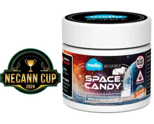 Mello Reserve Space Candy cannabis jar next to a 2024 NECANN Cup award badge.